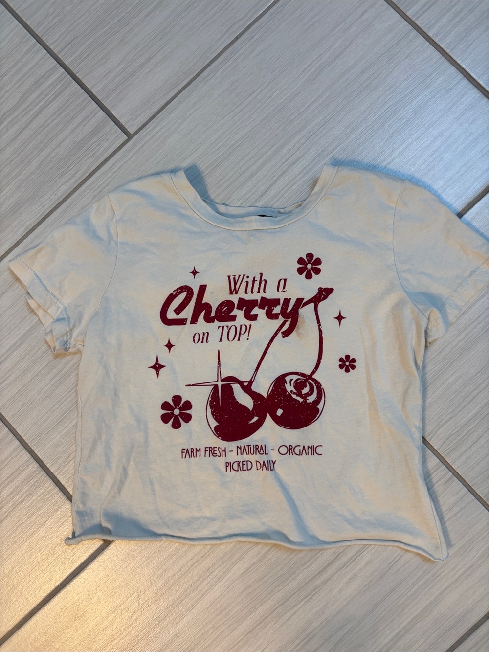 Girls Cream Tee with Cherry Graphic